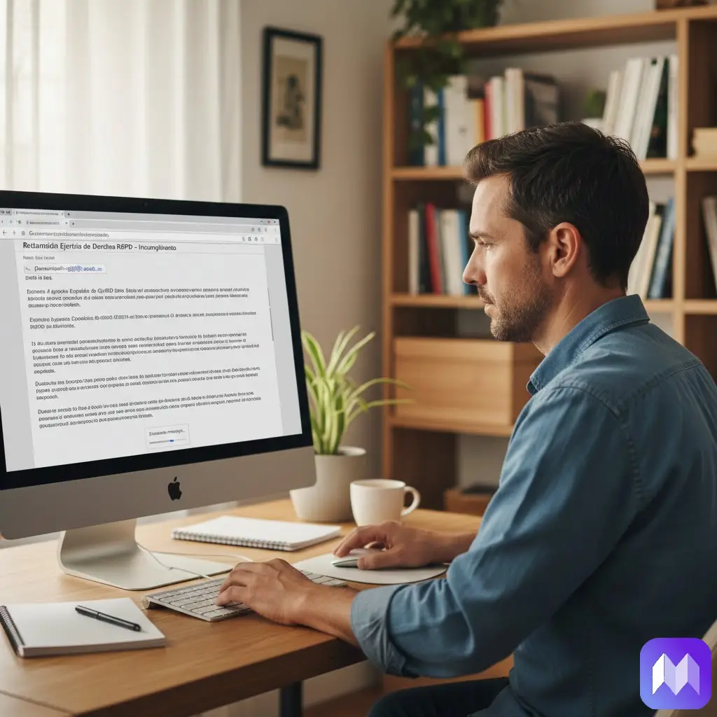 Un hombre con camisa azul en su despacho delante de ordenador Mac escribiendo un correo buscando cómo tratar los datos sensibles de tus huéspedes sin riesgos. En la esquina inferior derecha aparece el logo de Registro Parte Viajeros.