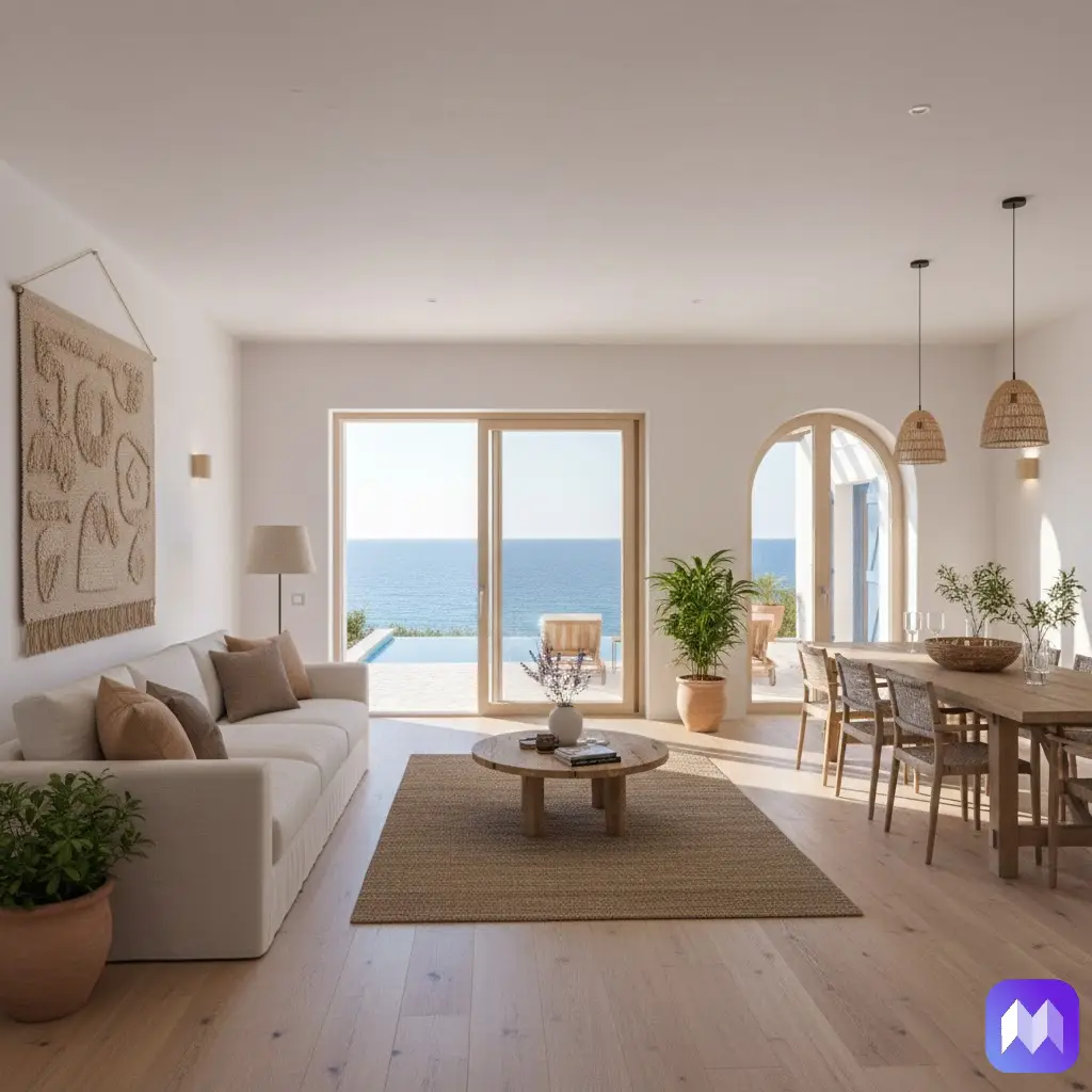 El interior de una vivienda decorada con tonos claros y suelos de madera clara, haciendo juego con los muebles, las puertas de cristal de una terraza se abren a la vista del mar. En la esquina inferior derecha aparece el logo de Registro Parte Viajeros.