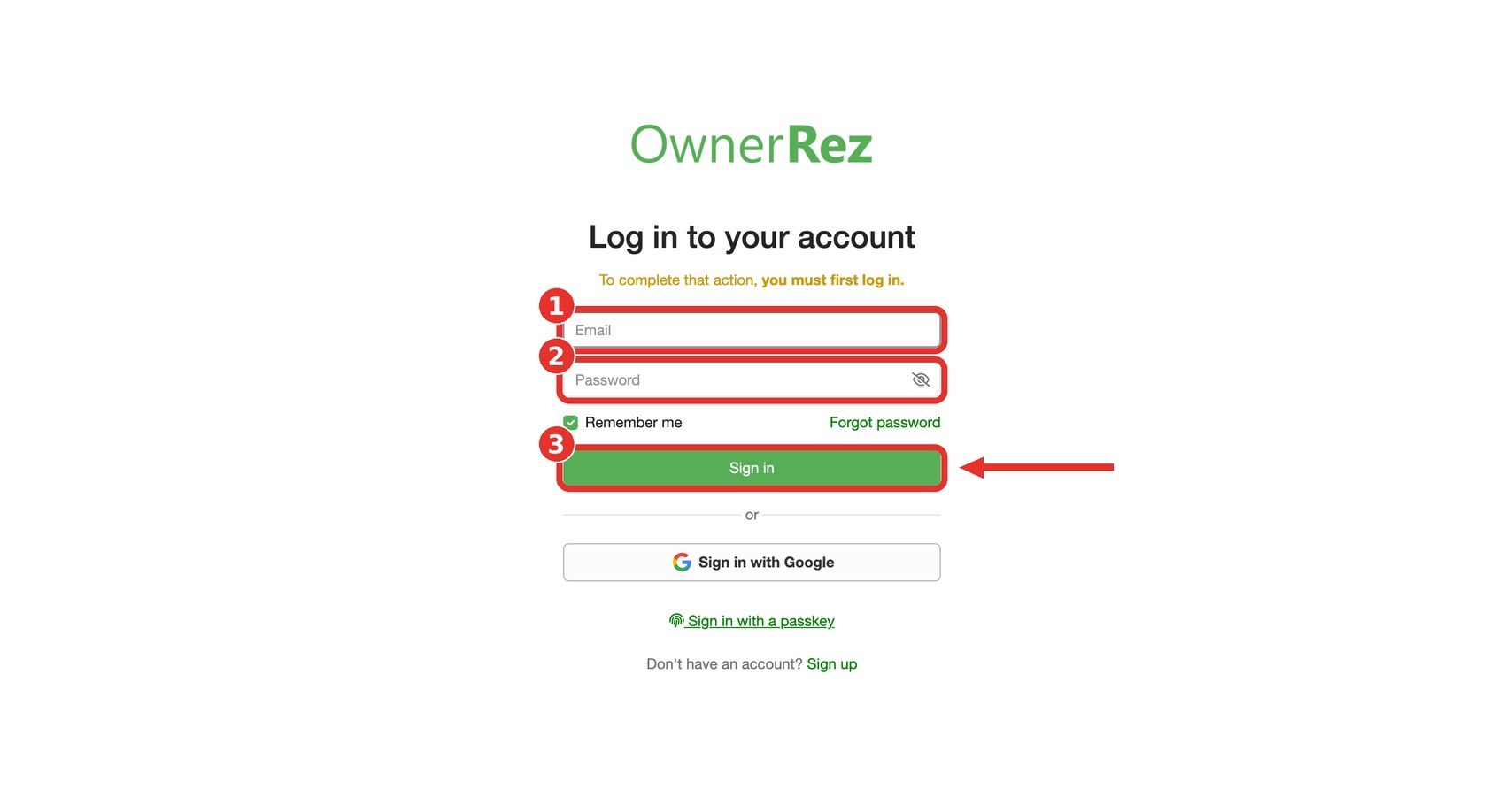 OwnerRez sign-in and authorization