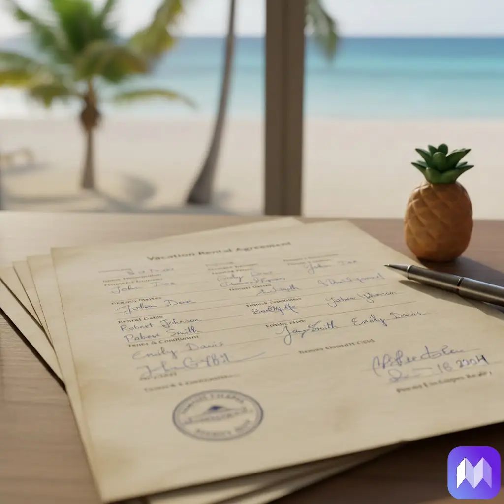 Imagen de un documento firmado sobre una mesa, de fondo se puede ver una playa con palmeras y una piña. En la esquina inferior derecha aparece el logo de Registro Parte Viajeros.