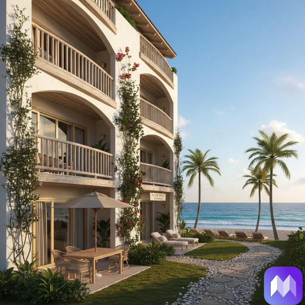 Un apartamento de dos plantas cerca de la playa, su fachada es de color crema con madera clara y está cubierta de enredaderas con flores rojas. Delante de la fachada hay una mesa de madera con una sombrilla y a lo lejos se pueden ver hamacas delante del mar rodeadas de palmeras. En la esquina inferior derecha aparece el logo de Registro Parte Viajeros.