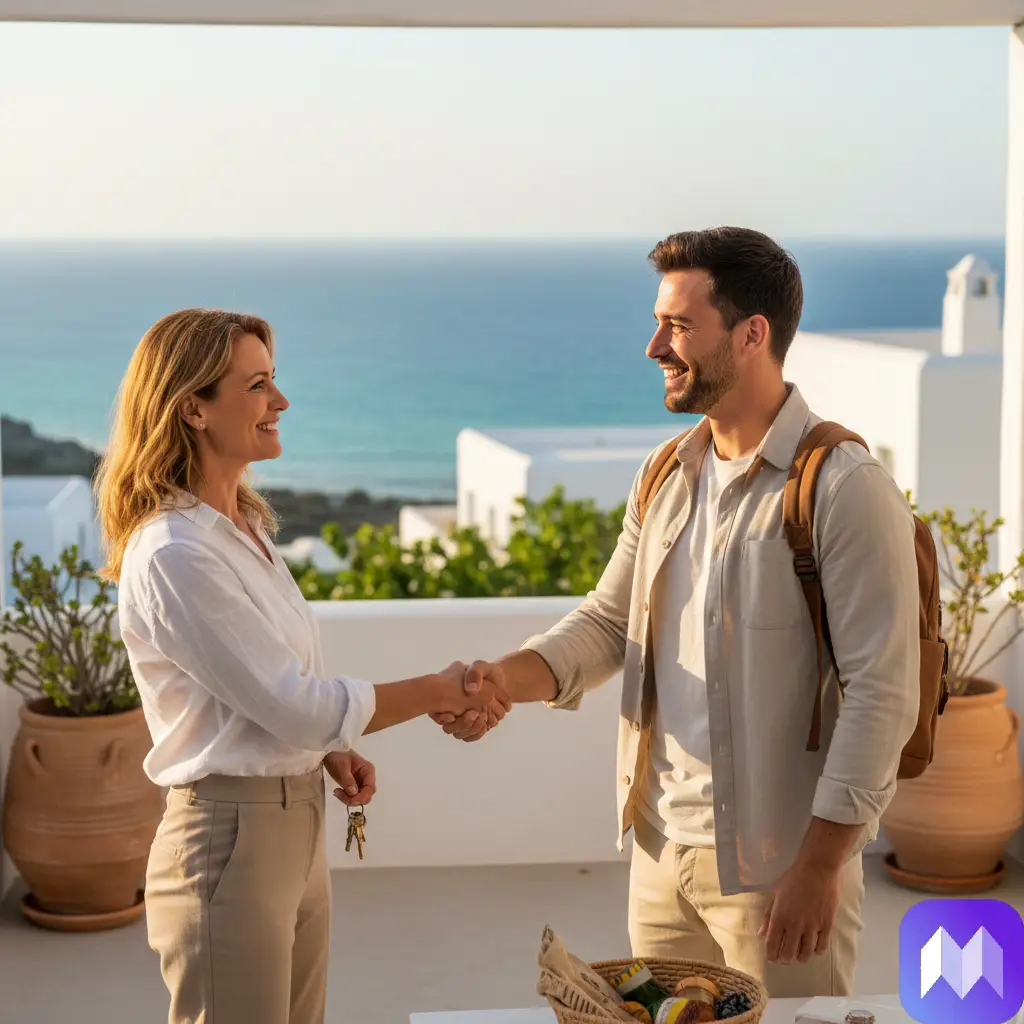 Una anfitriona dando la mano a un huésped al fondo se puede ver casa blancas y el mar. En la esquina inferior aparece el logo de Registro Parte viajeros.