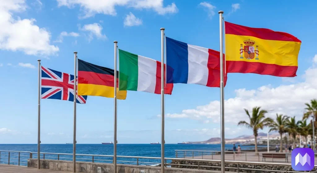 Soluciones multilingües para el registro de viajeros, ilustradas con las banderas de Reino Unido, Alemania, Italia, Francia y España.