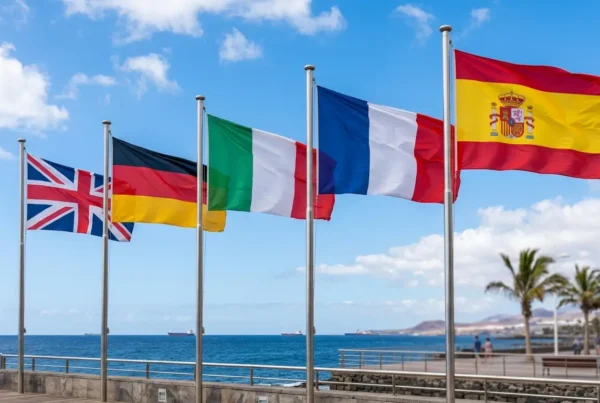 Soluciones multilingües para el registro de viajeros, ilustradas con las banderas de Reino Unido, Alemania, Italia, Francia y España.