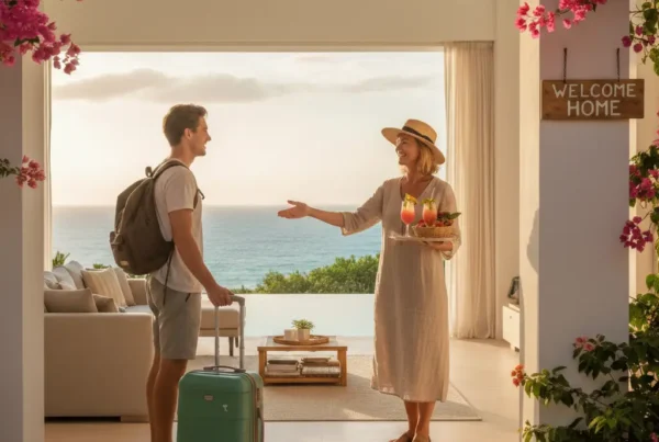 Una mujer con un vestido blanco y una bandeja con dos copas da la bienvenida a su huésped, un hombre vestido con una camiseta blanca y unas bermudas azul grisáceo, que lleva una mochila y una maleta. Aparece el logo de Registro Parte Viajeros en la esquina inferior derecha.