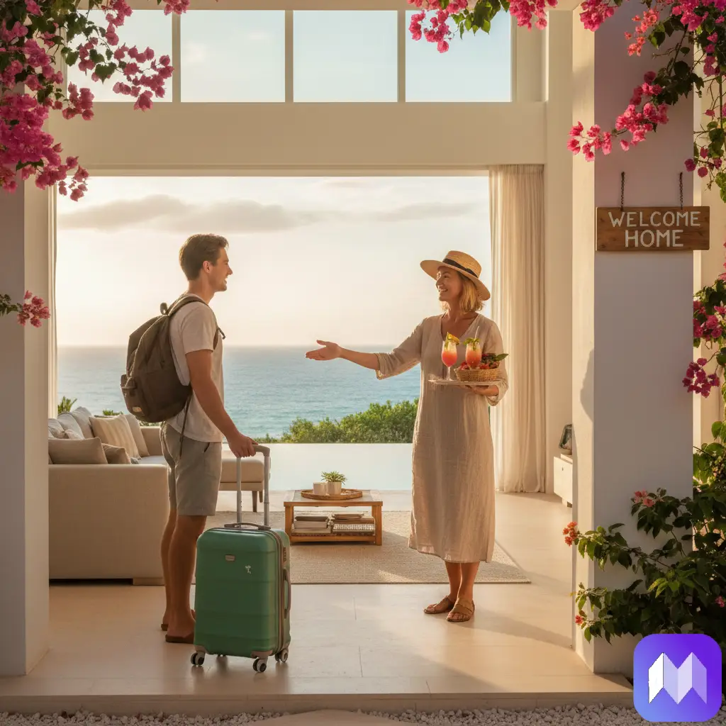 Una mujer con un vestido blanco y una bandeja con dos copas da la bienvenida a su huésped, un hombre vestido con una camiseta blanca y unas bermudas azul grisáceo, que lleva una mochila y una maleta. Aparece el logo de Registro Parte Viajeros en la esquina inferior derecha.