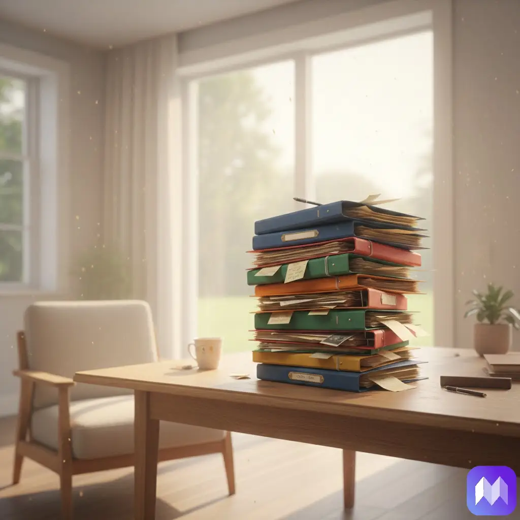 Una montaña de carpetas de colores con papeles sobresaliendo por todos lados sobre una mesa, de fondo se pueden ver unas puertas acristaladas y una silla color crema, como las cortinas y las paredes. En la esquina inferior derecha aparece el logo de Registro Parte Viajeros.