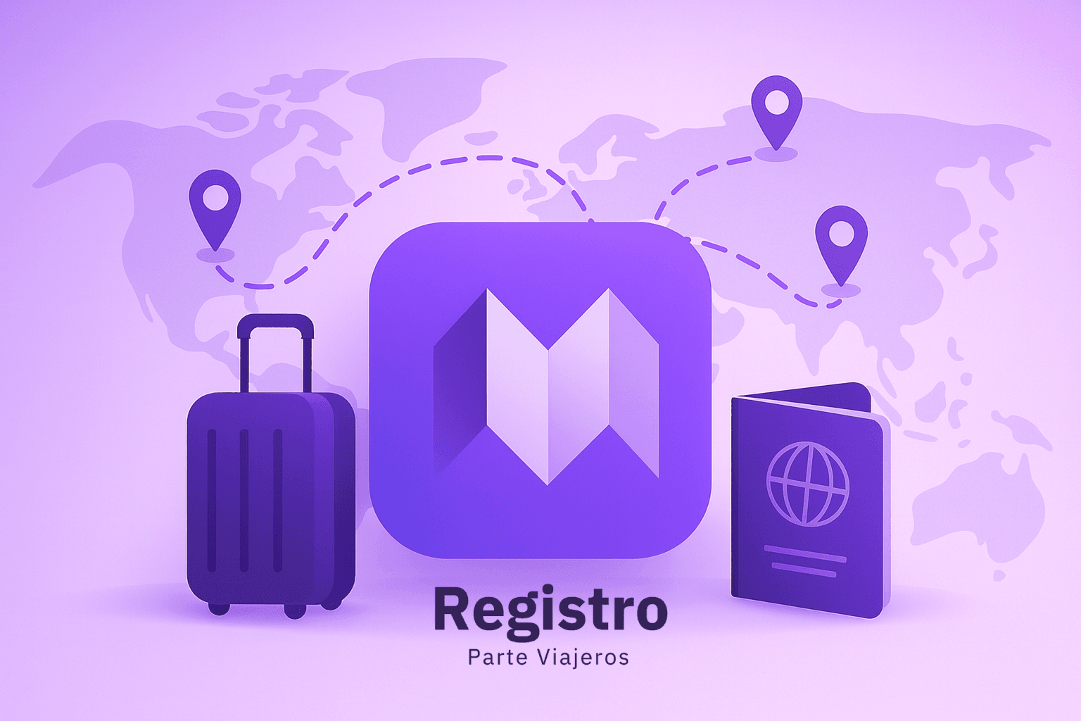 ¿Qué es el Parte de Viajeros? Ilustración en tonos morados sobre el registro de viajeros, con mapa mundial, ruta de viaje, maleta, pasaporte y logotipo oficial integrado