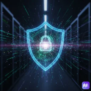 Un escudo con un candado en su centro hecho en neón azul, sobre un fondo de aspecto digital, con líneas neón azules, rosa, y verde. En la esquina inferior derecha aparece el logo de Registro Parte Viajeros.