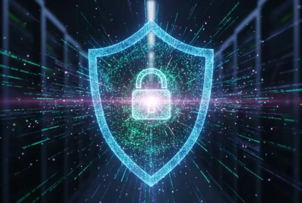 Un escudo con un candado en su centro hecho en neón azul, sobre un fondo de aspecto digital, con líneas neón azules, rosa, y verde. En la esquina inferior se ve el logo de Registro Parte Viajeros.