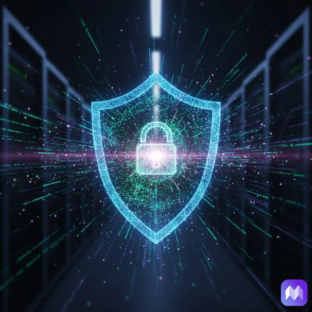 Un escudo con un candado en su centro hecho en neón azul, sobre un fondo de aspecto digital, con líneas neón azules, rosa, y verde. En la esquina inferior derecha aparece el logo de Registro Parte Viajeros.