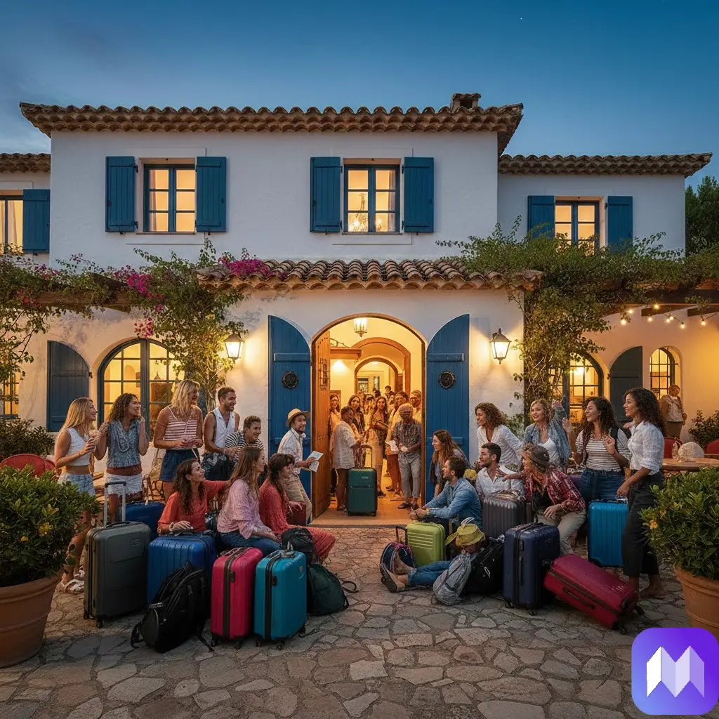 Imagen de un gran grupo de viajeros esperando para entrar a una vivienda de estilo mediterráneo, con sus maletas. En la esquina inferior derecha de la imagen aparece el logo de Registro Parte Viajeros