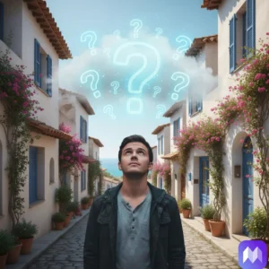 Un hombre en medio de una calle de una villa con puertas y ventanas azules y fachadas blancas, unos signos de interrogación formando nubes sobre su cabeza. en la esquina inferior derecha aparece el logo de Registro Parte Viajeros.