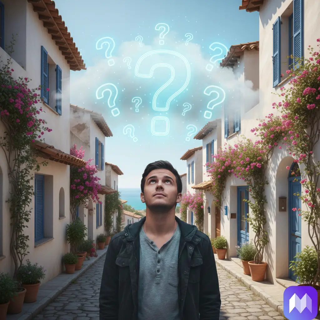 Un hombre en medio de una calle de una villa con puertas y ventanas azules y fachadas blancas, unos signos de interrogación formando nubes sobre su cabeza. en la esquina inferior derecha aparece el logo de Registro Parte Viajeros.