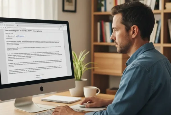 Hombre utilizando su Mac para realizar el registro en el programa N2, en la parte inferior derecha se puede ver el logo de Registro Parte Viajeros.