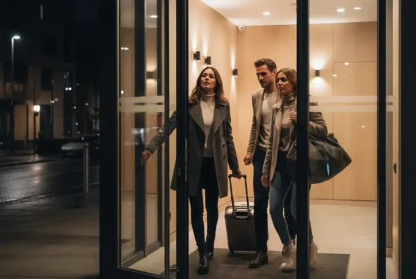 Dos mujeres y un hombre con maletas abriendo una puerta de cristal de noche. El logo de Registro Parte Viajeros aparece en la esquina inferior derecha de la imagen.