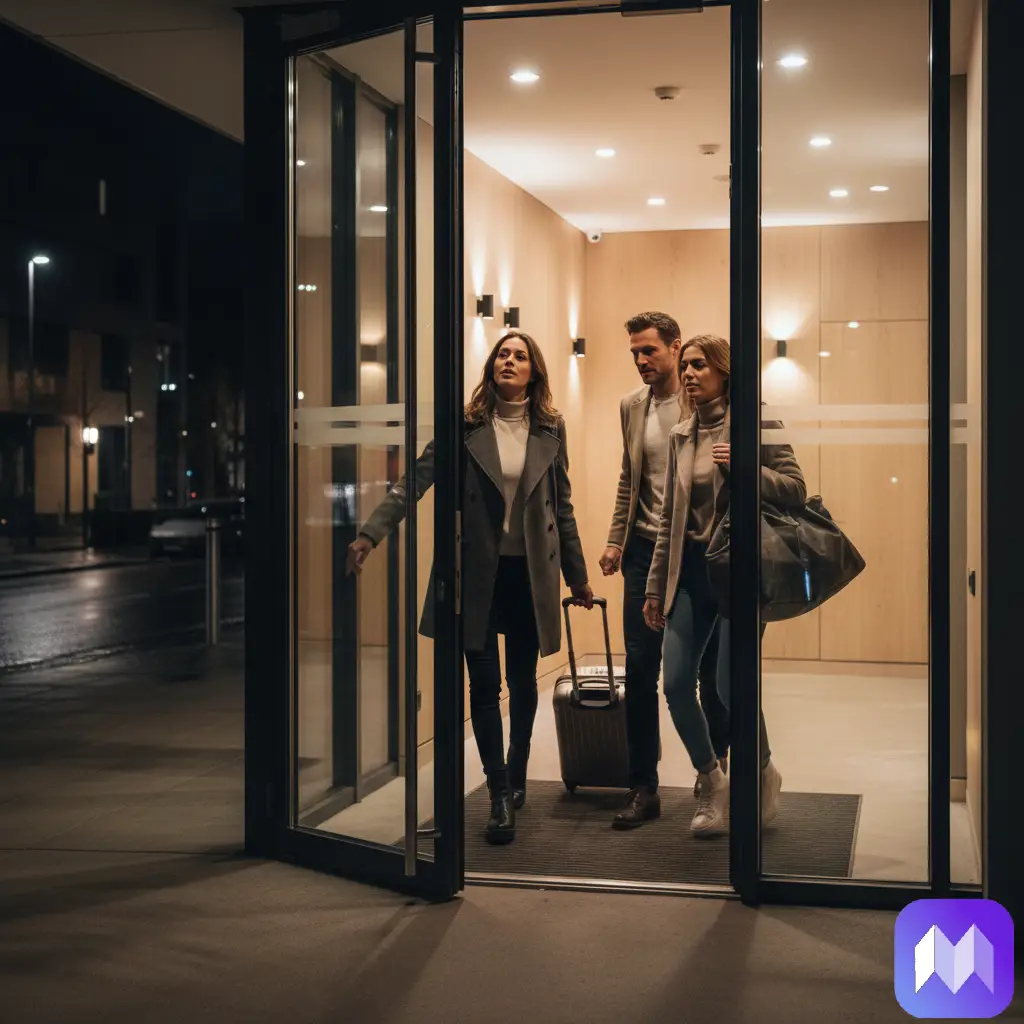 Dos mujeres y un hombre con maletas abriendo una puerta de cristal de noche. El logo de Registro Parte Viajeros aparece en la esquina inferior derecha de la imagen.
