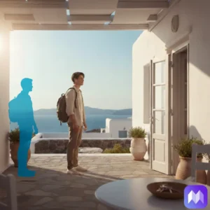 Un viajero llegando a una vivienda vacacional de color claro, a su lado, una silueta indicando que falta otro viajero. En la parte inferior derecha de la imagen aparece el logo de Registro Parte Viajeros.