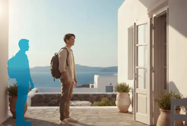 Un viajero llegando a una vivienda vacacional de color claro, a su lado, una silueta indicando que falta otro viajero. En la parte inferior derecha de la imagen aparece el logo de Registro Parte Viajeros.