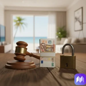 Un mazo judicial, un fajo de billetes de 50 euros y un candado sobre una mesa en una habitación, de fondo, se ve una playa con una palmera. En la esquina inferior derecha aparece el logo de Registro Parte Viajeros.