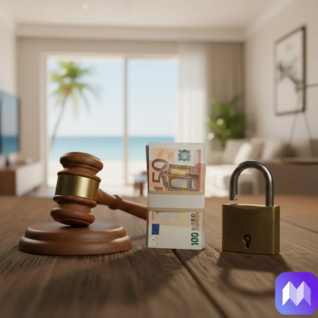 Un mazo de juez, un fajo de billetes de 50 euros y un candado, sobre una mesa y de fondo una playa con palmeras. En la esquina inferior derecha aparece el logo de Registro Parte Viajeros.