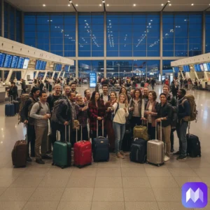 Grupo grande de viajeros con sus maletas en un aeropuerto posando para una foto grupal. En la esquina inferior derecha aparece el logo de Registro Parte Viajeros.