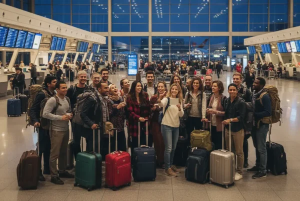 Grupo grande de viajeros con sus maletas en un aeropuerto posando para una foto grupal. En la esquina inferior derecha aparece el logo de Registro Parte Viajeros.