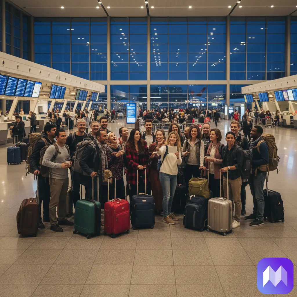 Un grupo grande de viajeros con sus maletas posando para una foto grupal en el aeropuerto. En la esquina inferior derecha de la imagen aparece el logo de Registro Parte Viajeros.
