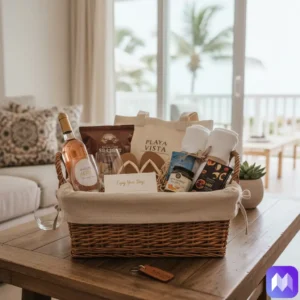 Una cesta de bienvenida en una mesa dando a una terraza con puertas acristaladas. Delante de la cesta hay un llavero y dentro de la cesta, se pueden ver diversos artículos entre los que hay una botella de vino, mermelada, toallas, entre otros regalos. En la esquina inferior derecha aparece el logo de Registro Parte Viajeros.