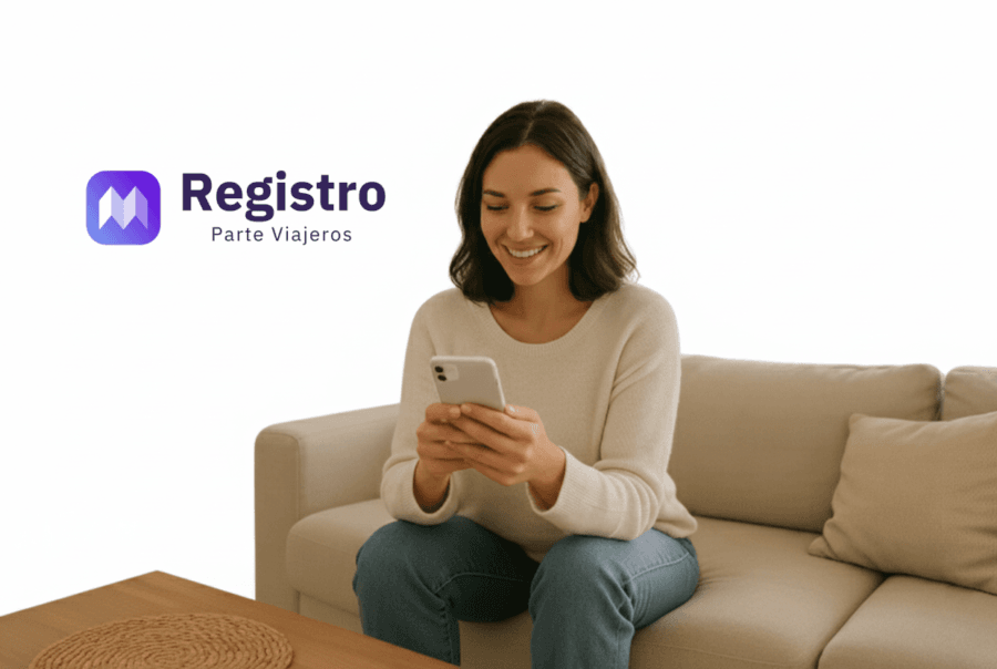 Registro de viajeros para Viviendas Vacacionales | Automatiza partes a SES HOSPEDAJES Mujer sentada en un sofá con su teléfono con fondo blanco. Registro Parte Viajeros.
