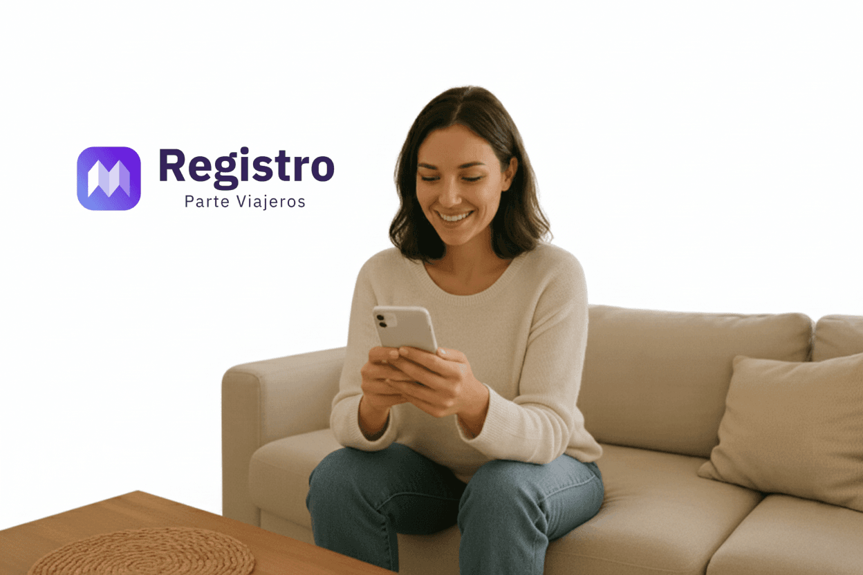 Check-in Digital sin Contacto: la Nueva Forma de Dar la Bienvenida a tus Huéspedes Mujer sentada en un sofá con su teléfono con fondo blanco. Registro Parte Viajeros.