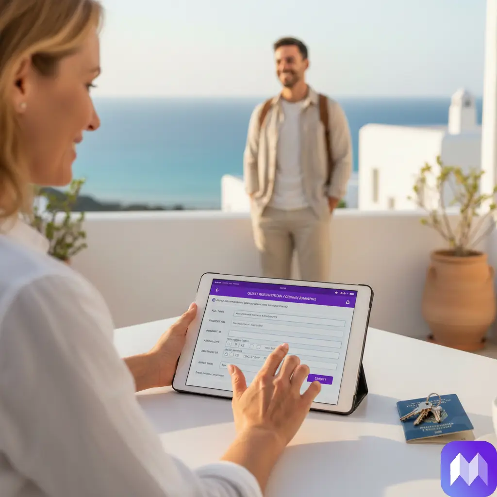 Una anfitriona rellenando un parte de registros de viajeros, mientras el huésped espera. en la parte inferior derecha de la imagen aparece el logo de Registro Parte Viajeros.