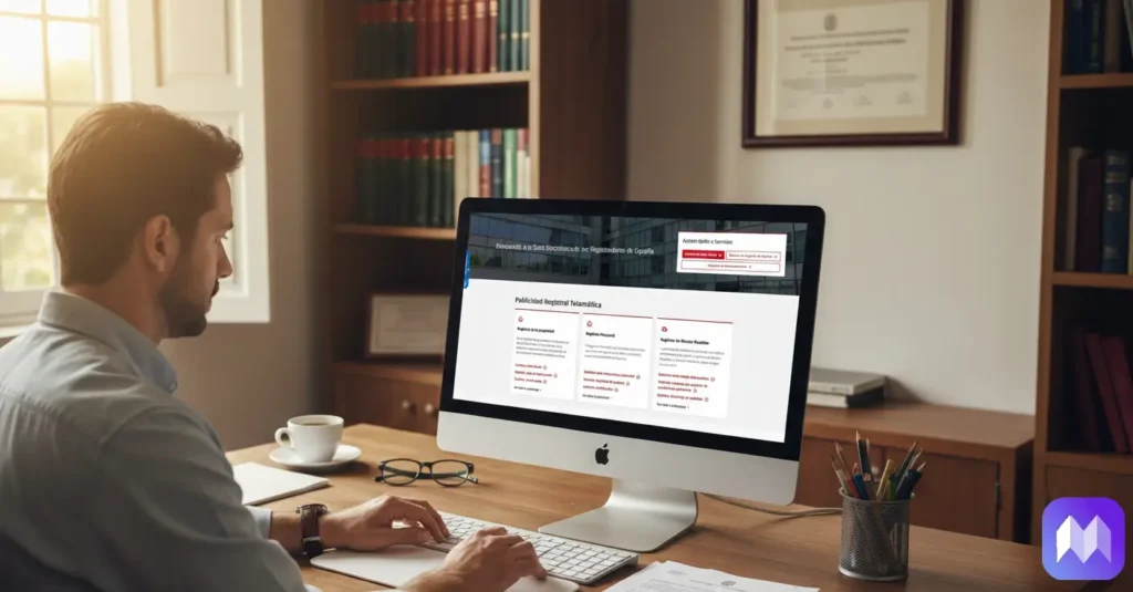 Propietario entrando en el registro de la propiedad en su ordenador para obtener el número de registro del alquiler (NRA). En la parte inferior derecha parece el logo de Registro Parte Viajeros.