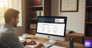 Propietario entrando en el registro de la propiedad en su ordenador. En la parte inferior derecha parece el logo de Registro Parte Viajeros.