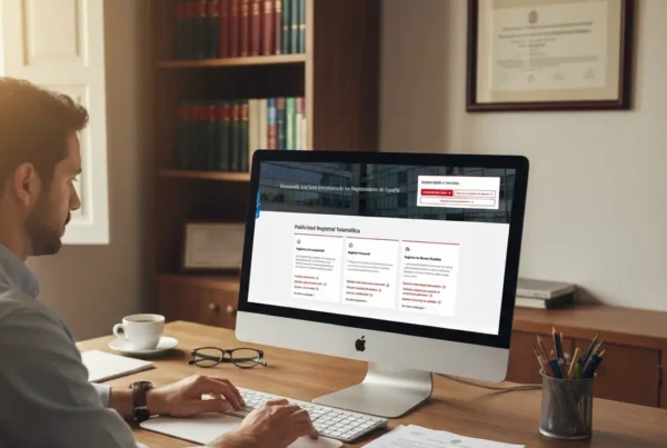 Propietario entrando en el registro de la propiedad en su ordenador. En la parte inferior derecha parece el logo de Registro Parte Viajeros.