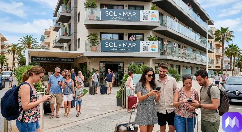 Cómo unificar y agilizar el Check-in de múltiples propiedades en España Huéspedes esperando para realizar el check-in de múltiples propiedades, en la esquina inferior derecha aparece el logo de Registro Parte Viajeros.