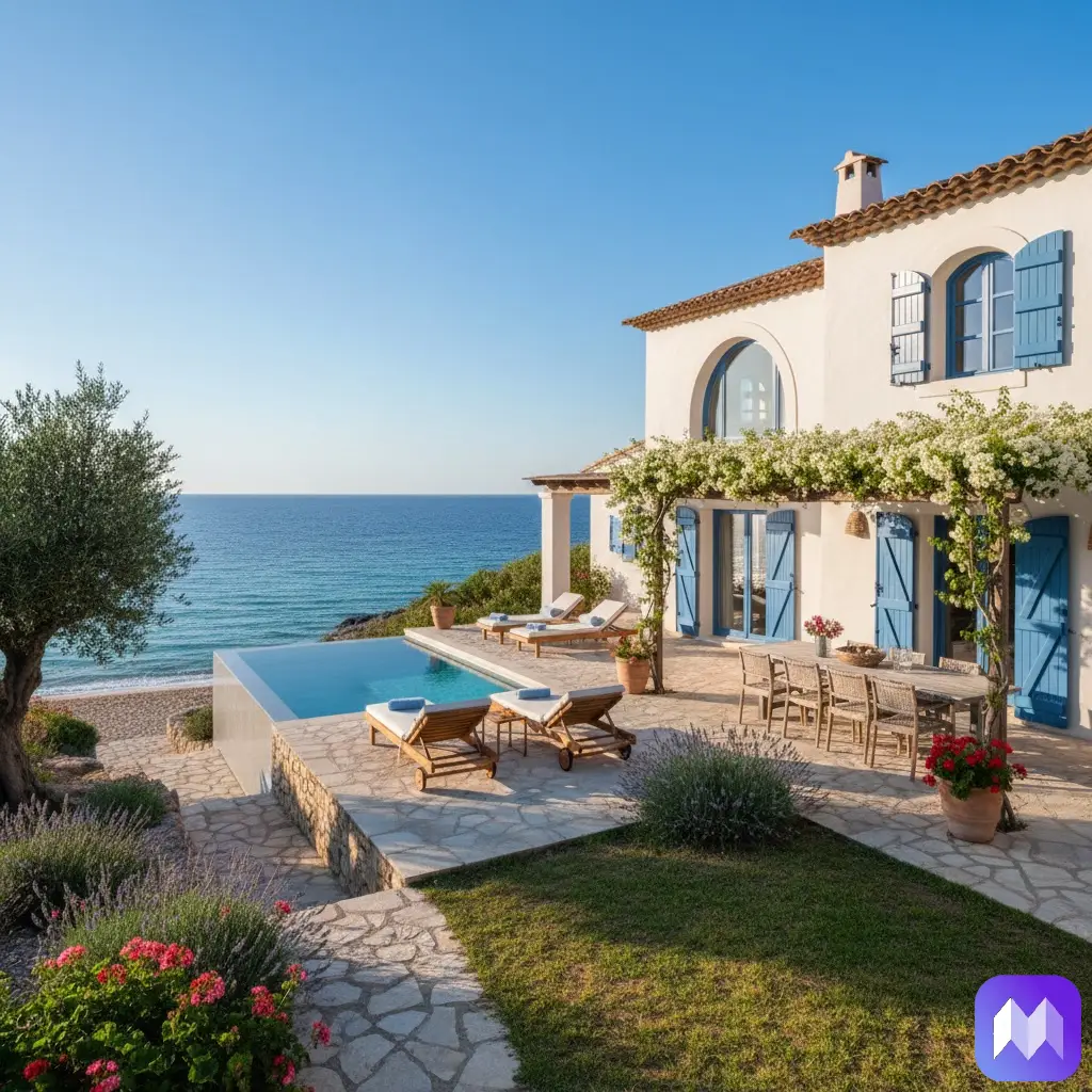 Un bungalow en un entorno idílico cerca del mar, su jardín lleno de flores de color rosado y encinas. En el jardín se encuentra un porche con enredaderas y flores color crema, debajo hay una piscina con dos hamacas de cara al mar. En la esquina inferior derecha aparece el logo de Registro Parte Viajeros.