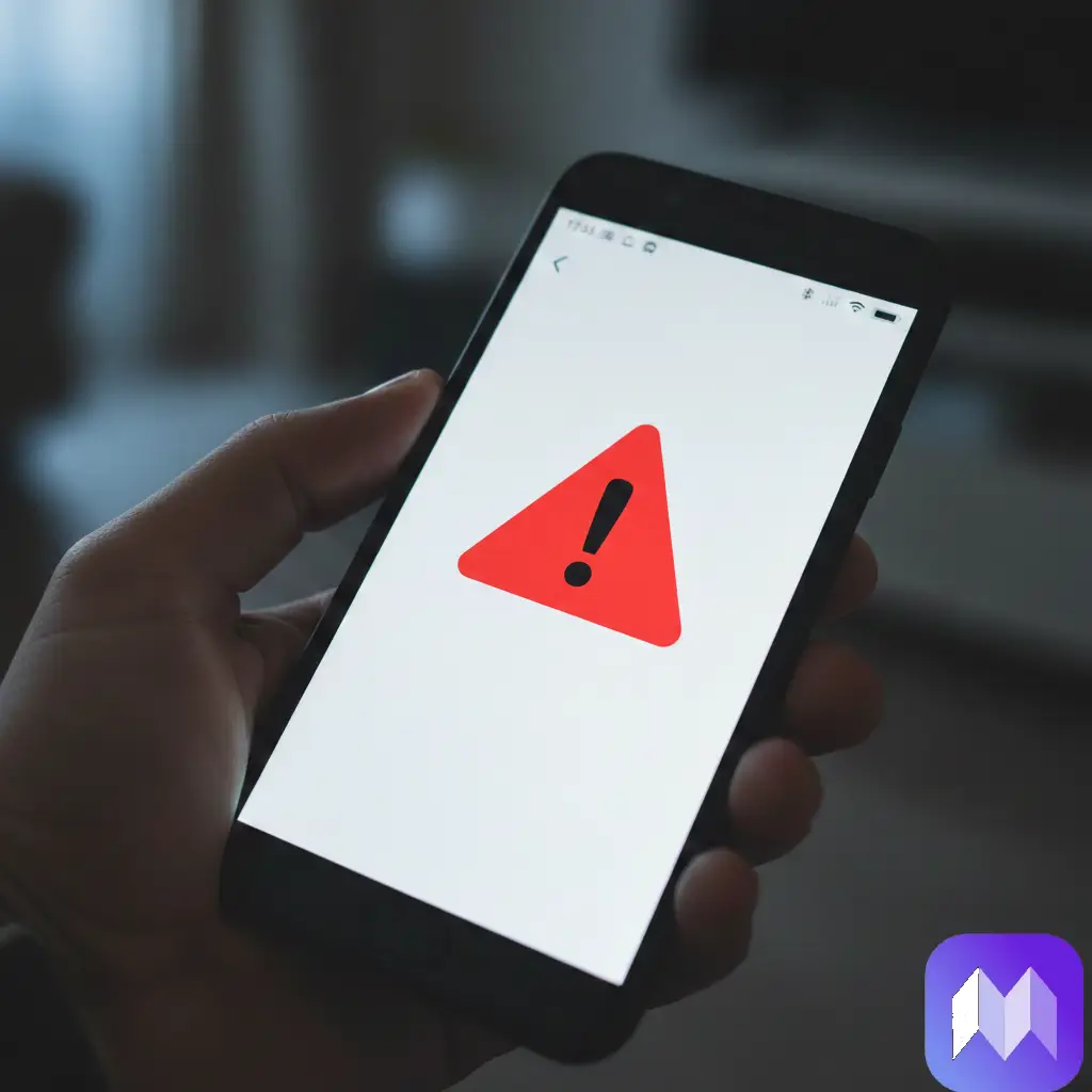 Una mano sujetando un móvil en cuya pantalla aparece una señal de peligro roja en un fondo blanco. En la esquina inferior derecha aparece el logo de Registro Parte Viajeros.