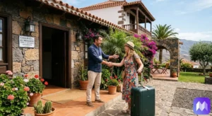 Un anfitrión empezando a Gestionar el Registro de Viajeros en España saludando a un huésped recién llegado.