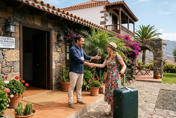 Un anfitrión empezando a Gestionar el Registro de Viajeros en España saludando a un huésped recién llegado.