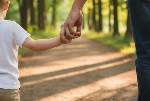 Un hombre sujeta la mano de un niño de espaldas, el niño lleva una camiseta blanca y una pantalón beige, el hombre unos vaqueros azul oscuro, ambos se encuentran caminando por una camino de tierra a cuyos lados se extienden hileras de árboles y hierba verde. En la esquina inferior derecha aparece el logo de Registro Parte Viajeros.