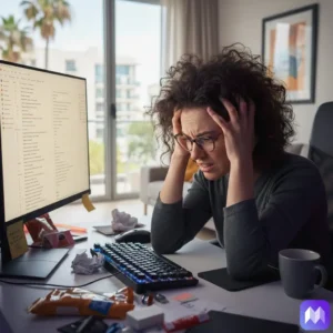 una mujer con gesto agobiado, agarrándose la cabeza delante de un ordenador con el correo abierto, después de cometer un error. En la esquina inferior derecha aparece el logo de Registro Parte Viajeros.