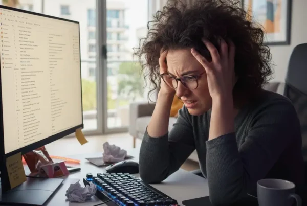 una mujer con gesto agobiado, agarrándose la cabeza delante de un ordenador con el correo abierto, después de cometer un error. En la esquina inferior se ve el logo de Registro Parte Viajeros,