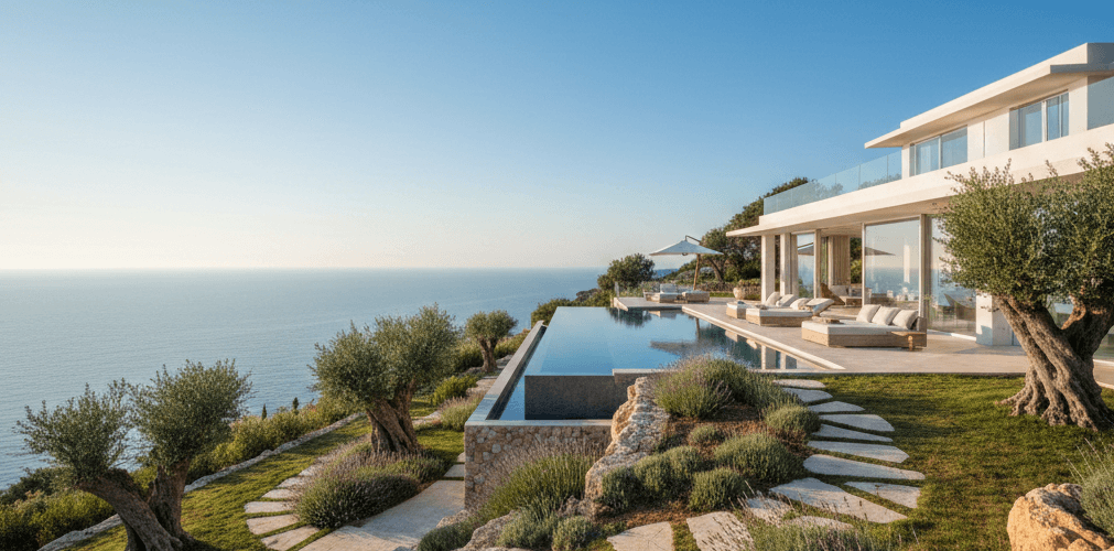 Villa de lujo de arquitectura mediterránea moderna con piscina infinita frente al mar, rodeada de olivos y jardines de piedra natural bajo un cielo despejado. Registro Parte Viajeros.