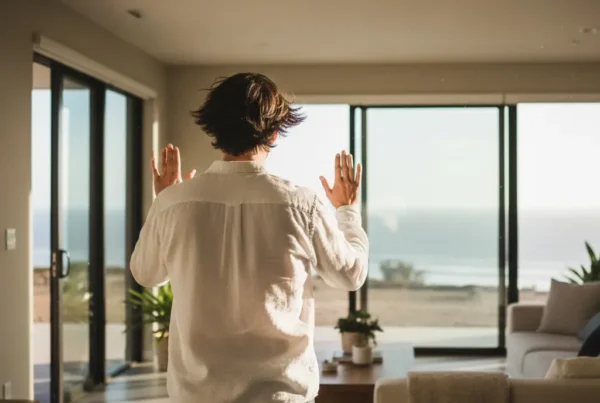 Un hombre de espaldas levanta las manos en gesto de negación en una habitación cuyas puertas acristaladas se abren a la playa. En la esquina inferior se ve el logo de Registro Parte Viajeros.