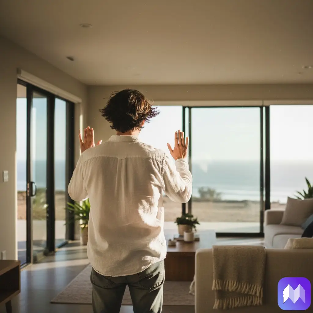 Un hombre de espaldas levanta las manos en negación en una habitación cuyas puertas transparentes dan a la playa. En la esquina inferior derecha aparece el logo de Registro Parte Viajeros.