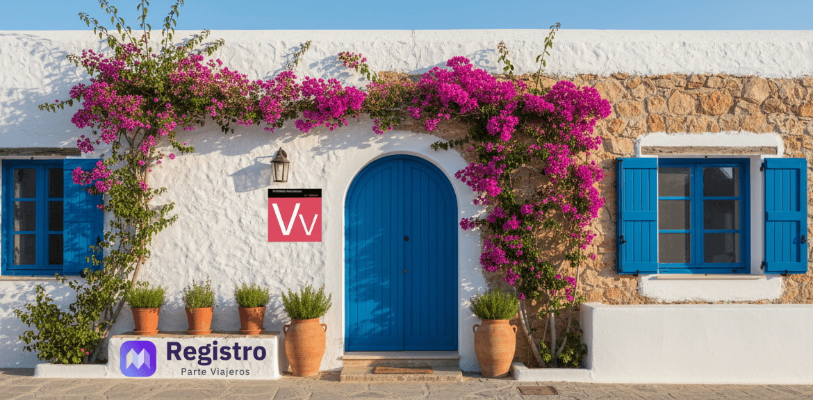 Qué es el alquiler de temporada: guía legal y práctica para propietarios Fachada de vivienda vacacional mediterránea con placa VV y logo Registro Parte Viajeros.