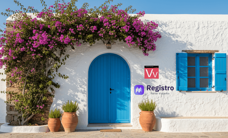 Fachada de vivienda vacacional mediterránea con placa VV y logo Registro Parte Viajeros.
